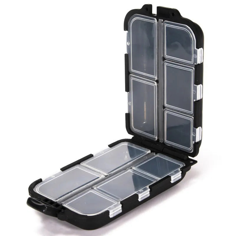 Small plastic fishing tackle storage box with 10 internal compartments in black, blue, or green.