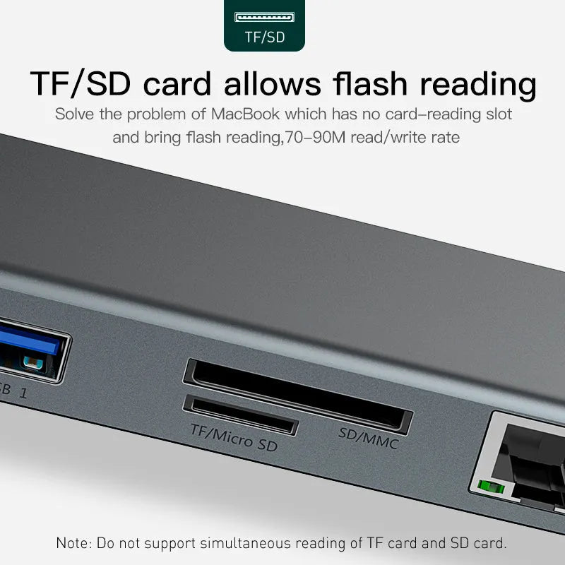 Grey aluminium USB-C docking station with cooling bracket showing ten ports including HDMI and Ethernet