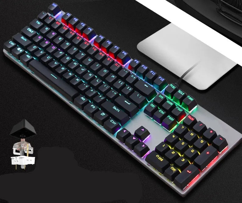 AOC GK410 mechanical keyboard with 104 keys, USB cable, and metal construction showing keyboard from top angle
