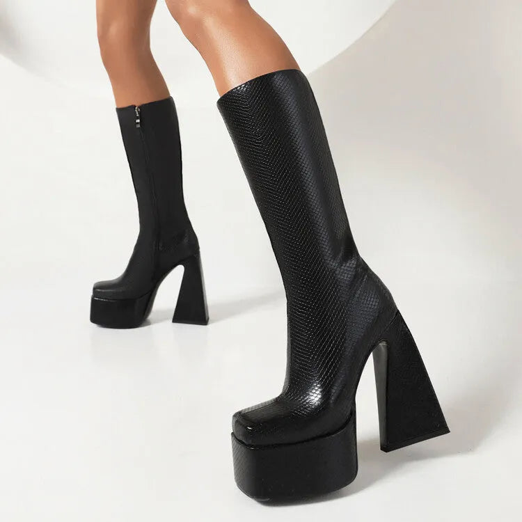 Women's black high boots with artificial PU upper material showing side profile
