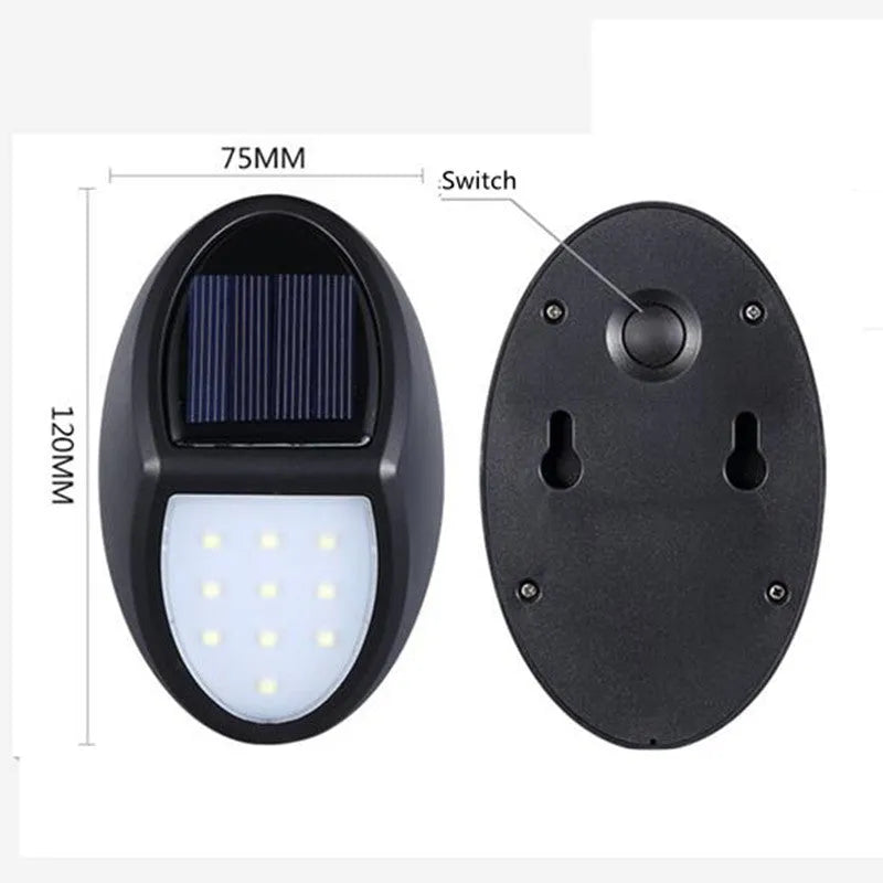 Black LED solar wall light measuring 75x120mm with auto sensor and 8 hour battery life