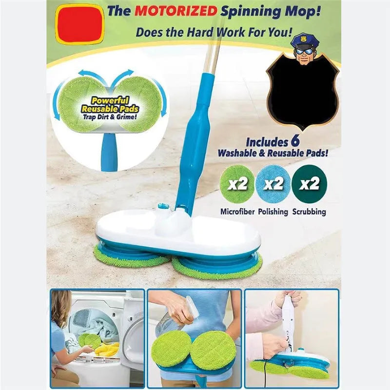 Wireless electric floor mop with USB charging port and assorted cleaning cloths