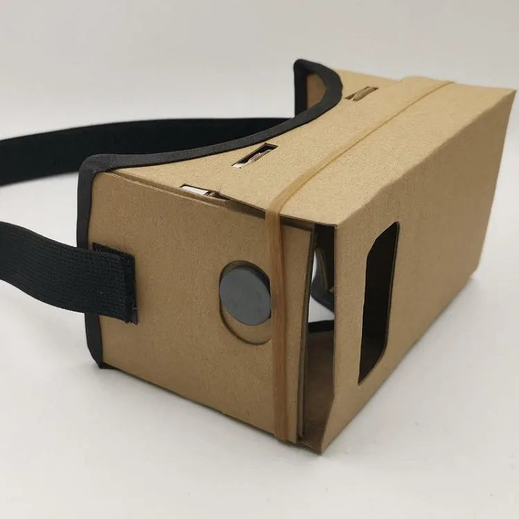 Pink and white folding cardboard VR glasses viewer for smartphones with 3D lenses and head strap.