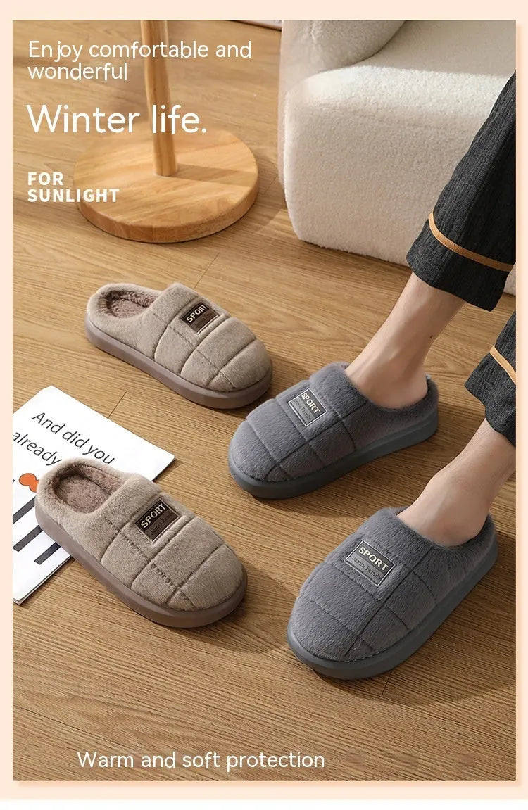 Men's grey and brown plaid rabbit hair slippers with thick EVA sole and wool lining.