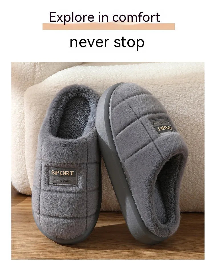 Men's grey and brown plaid rabbit hair slippers with thick EVA sole and wool lining.