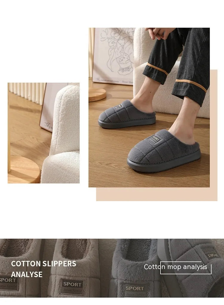 Men's grey and brown plaid rabbit hair slippers with thick EVA sole and wool lining.