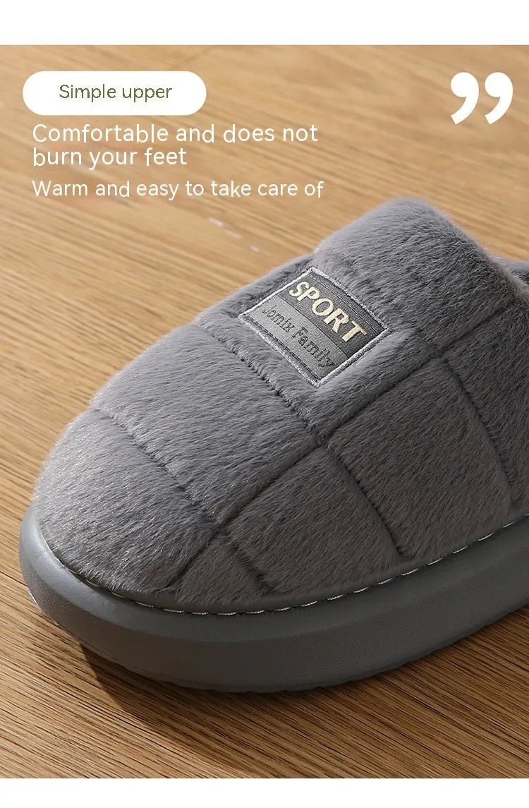 Men's grey and brown plaid rabbit hair slippers with thick EVA sole and wool lining.
