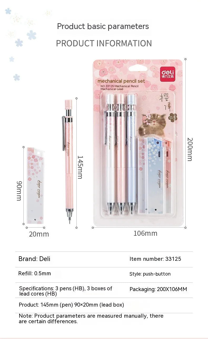 Sakura law style cartoon automatic pencil set with three pens and HB refills in mixed colours