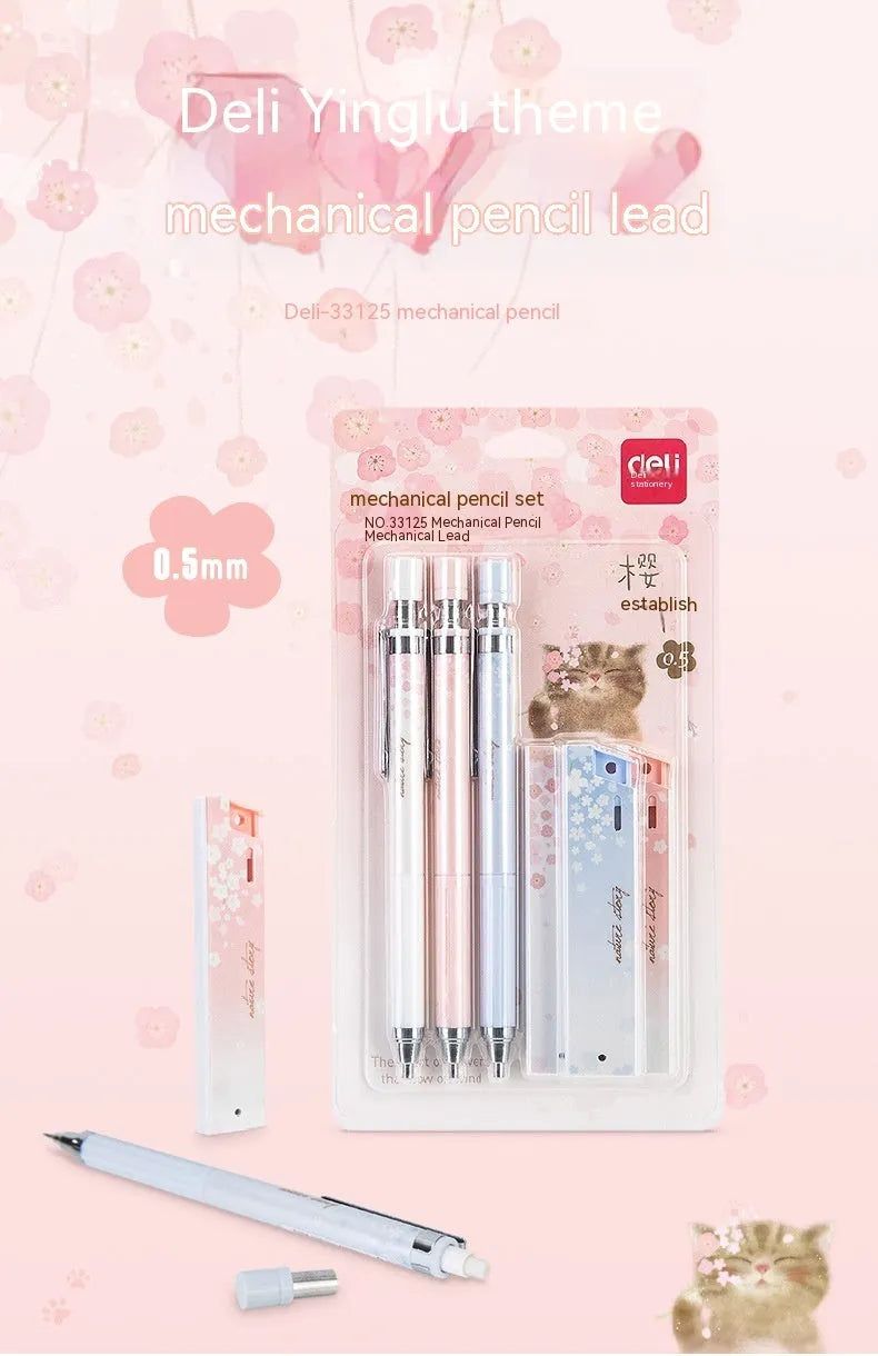 Sakura law style cartoon automatic pencil set with three pens and HB refills in mixed colours