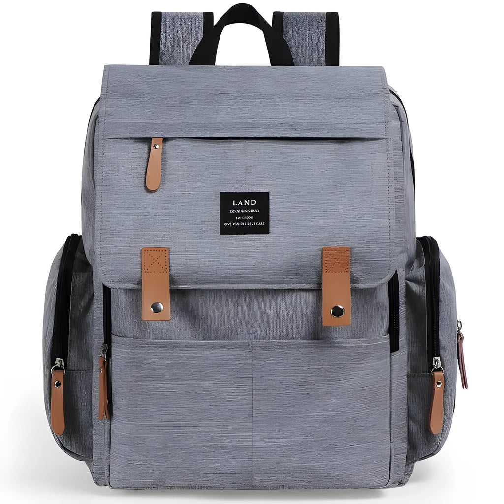 LAND Mommy large grey Oxford cloth diaper backpack with changing mat, showing front compartments.