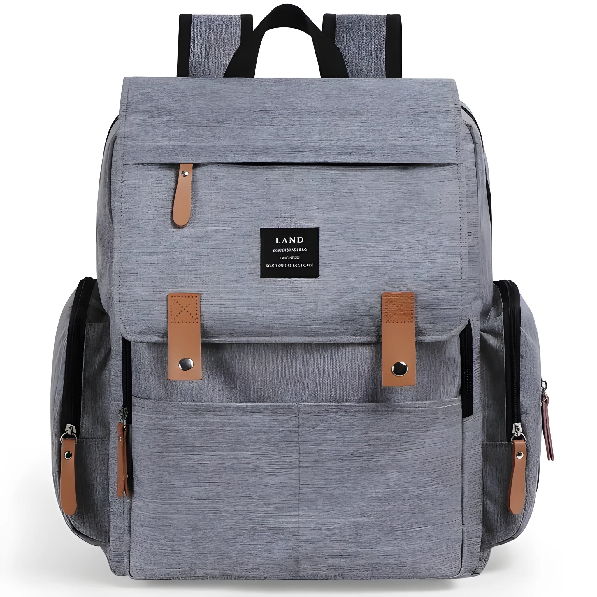 LAND Mommy large grey Oxford cloth diaper backpack with changing mat, showing front compartments.