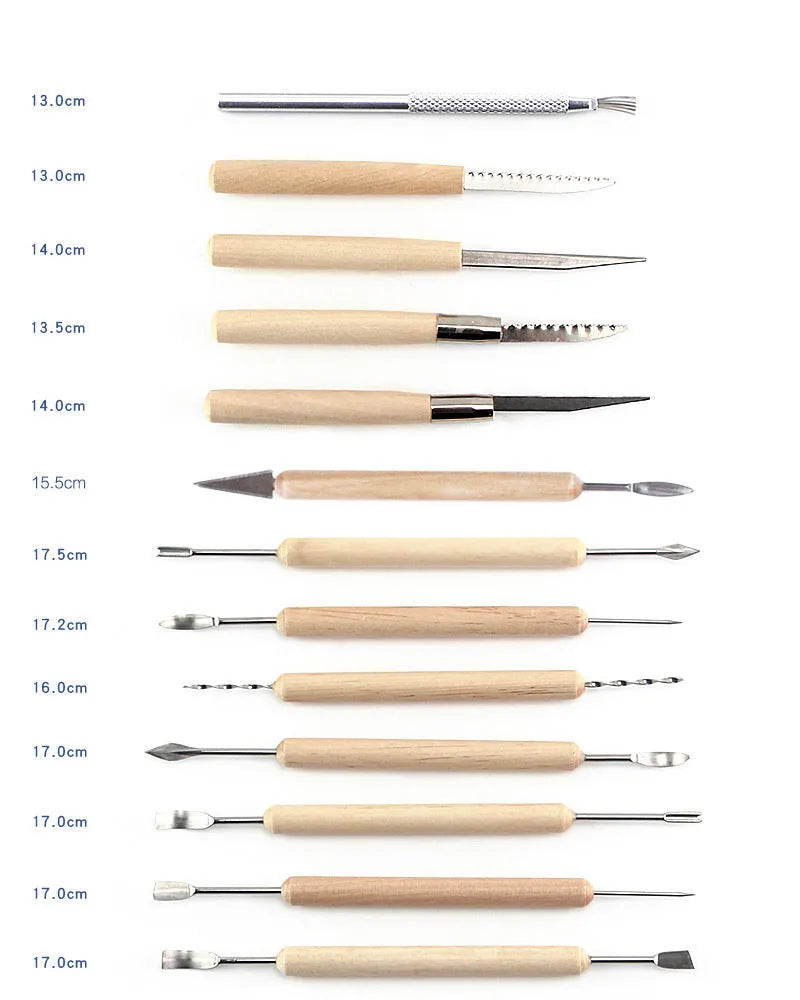 27-piece pottery clay tool set with stainless steel, wood, and plastic tools in roll-up storage bag