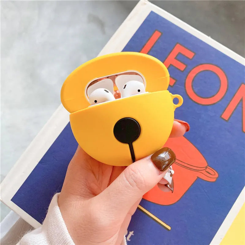 Bright yellow bell-shaped silicone protective case for Apple AirPods 1 and 2 with a carrying hook.