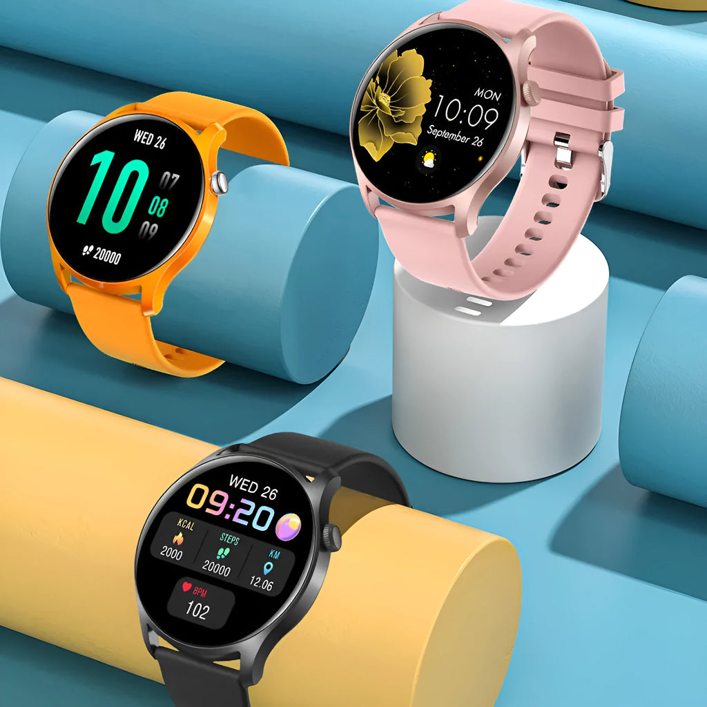 Smart watch with 1.3-inch screen showing heart rate and blood pressure measurement functions on wrist