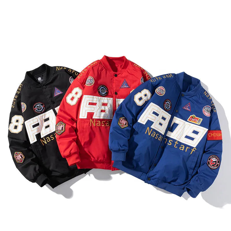 Black American motorcycle baseball jacket with side pockets, shown with detachable hood, for couple riding.