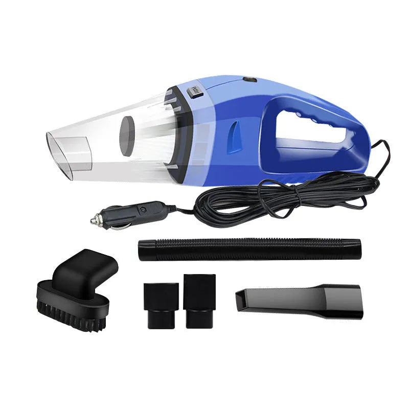 Orange, black, and blue handheld 12V car vacuum cleaner with nozzles and long power cord.