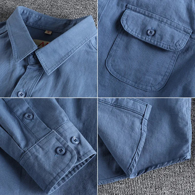 Men's solid colour cotton long sleeve cardigan shirt in light blue on hanger