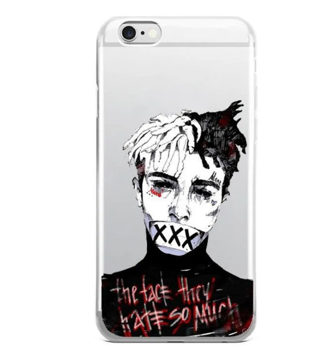 Transparent matte iPhone case featuring an Xxxtentacion graphic design, showing half-wrapped sides.
