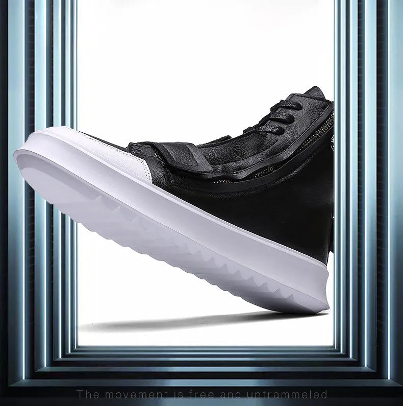 Men's black and white PU leather winter ankle boots in a high-top sneaker style.