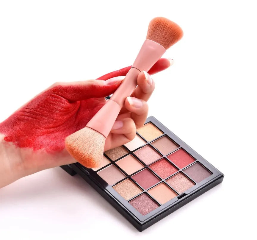 Ten-piece wooden handle makeup brush set with nylon bristles including powder, foundation, and double-ended brushes