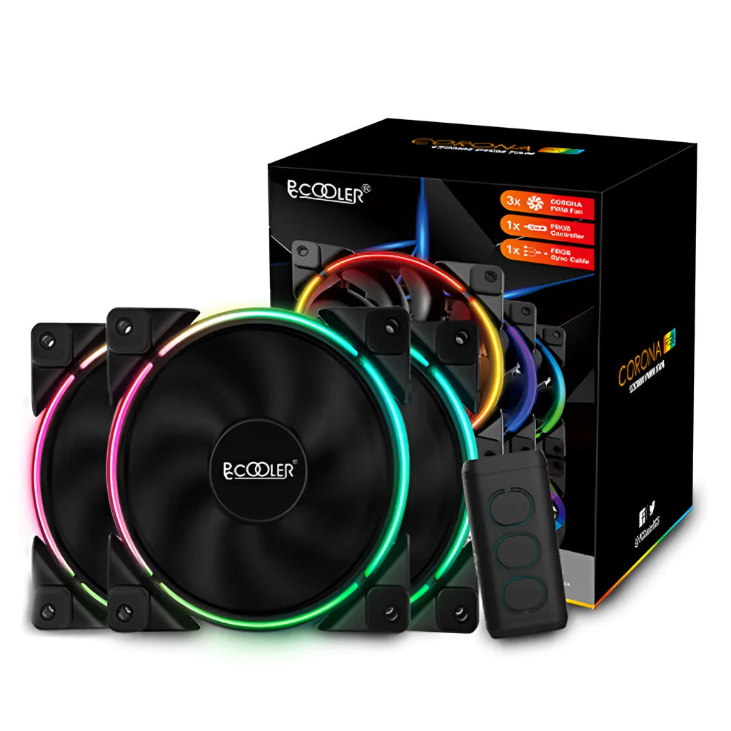 Three black 120mm RGB PC cooling fans with illuminated blades on a dark background