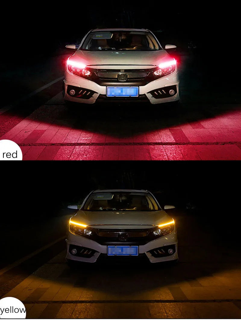 Flexible silicone car LED daytime running light strip with flowing turn signal animation, shown in multiple colours.