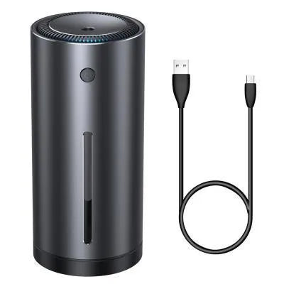 Black aluminium alloy car diffuser humidifier with USB cable for air purification and humidification.