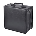 Black Oxford fabric CD and DVD storage binder with a zipper and top carry strap, open to show disc sleeves.