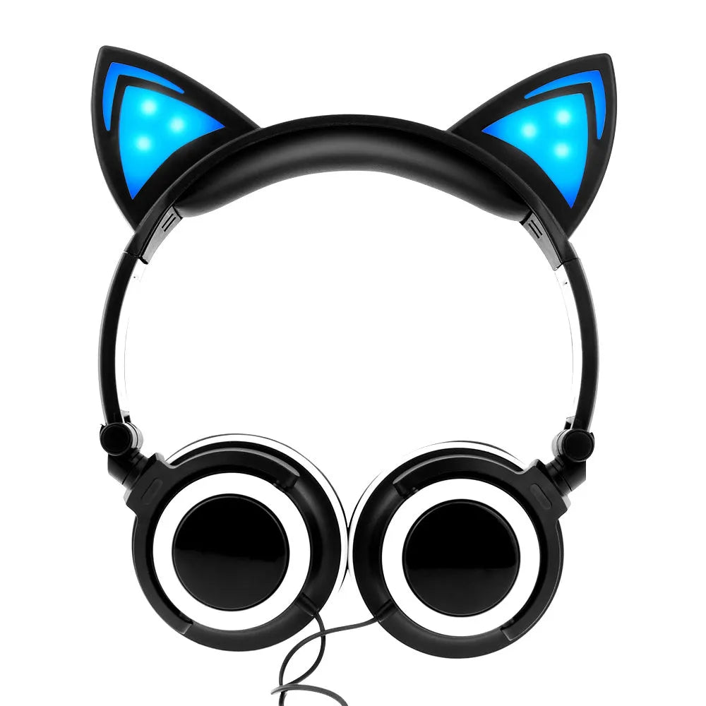 LED illuminated black cat ear headphones with soft PU earcups and a 1.5m cable showing pink and blue lighting