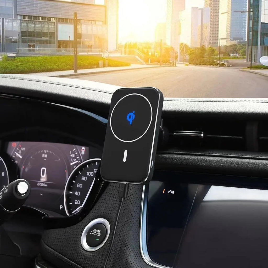 Black M6 magnetic wireless car charger mounted on a car air vent