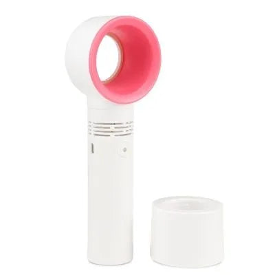 A portable bladeless desk fan with a modern design, shown on its base with a USB cable, available in multiple colours.
