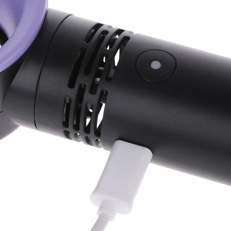 A portable bladeless desk fan with a modern design, shown on its base with a USB cable, available in multiple colours.