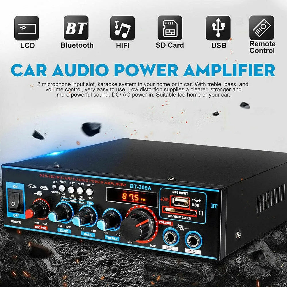 Black iron dual-purpose power amplifier body with Bluetooth and FM for home and car use, 20cm size with remote control