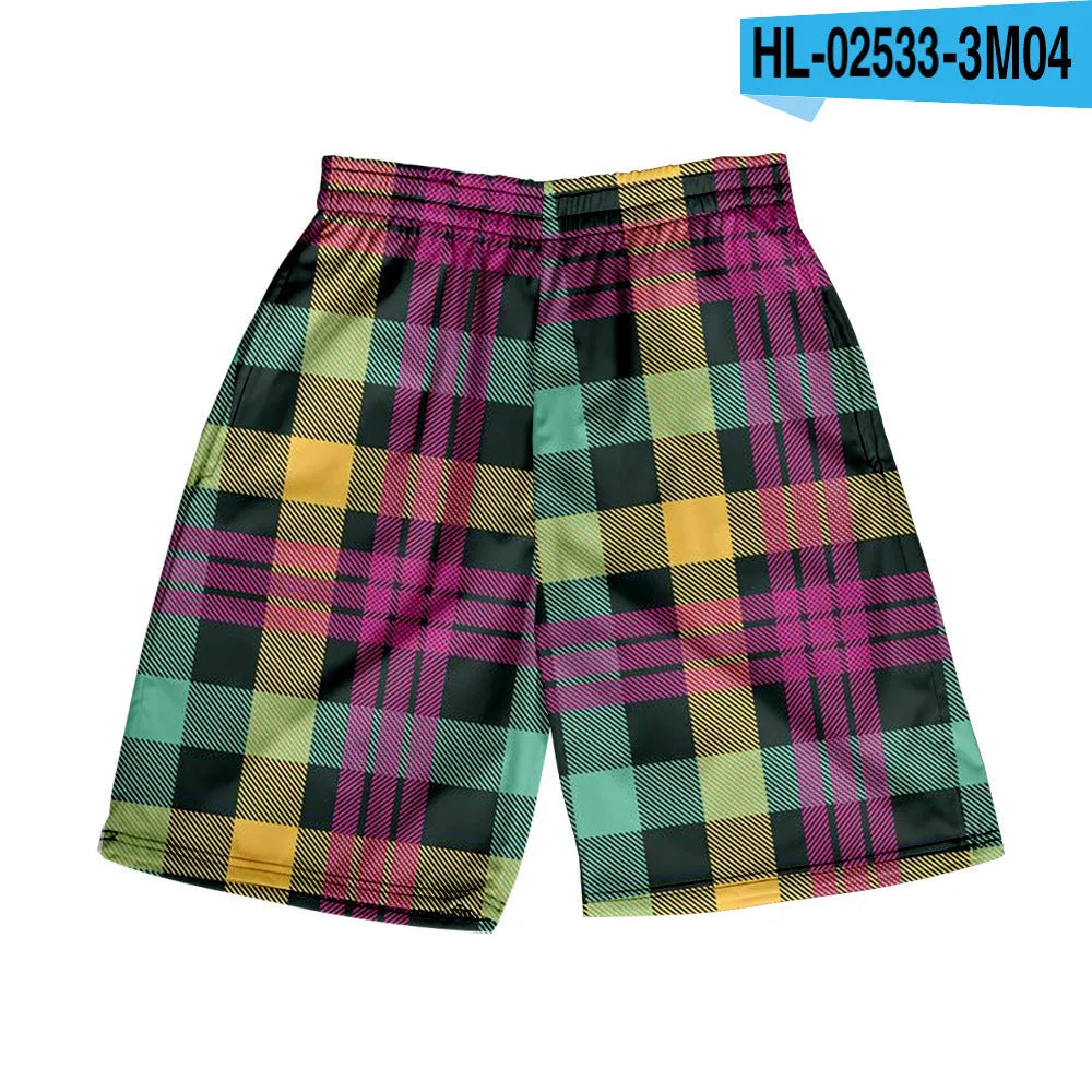 Men's plaid pattern casual shorts with an elastic waistband, shown in a straight-leg style.