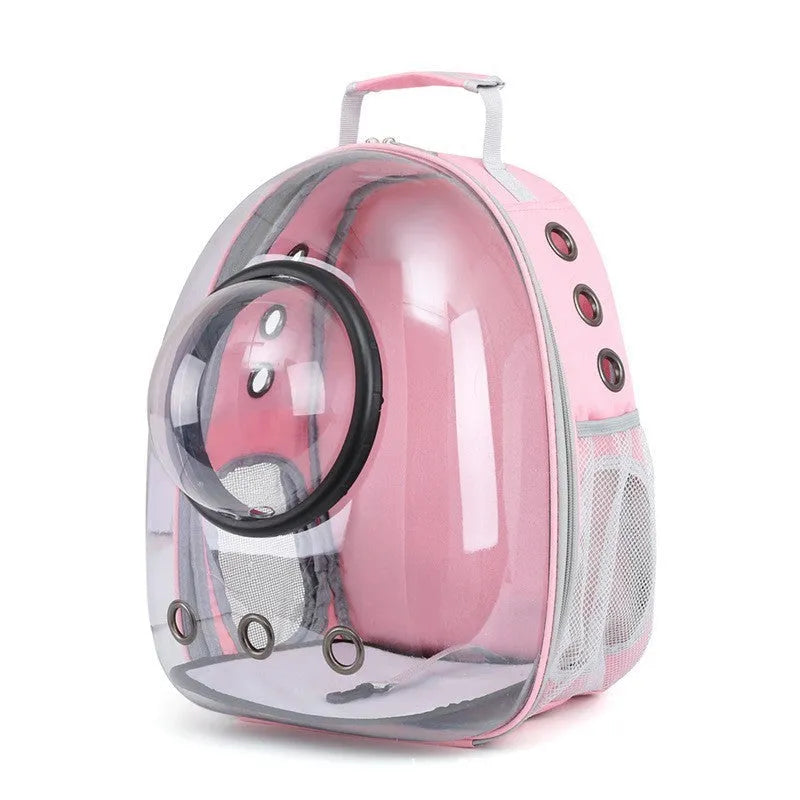 Grey astronaut-style structured cat carrier bag with a side-opening door