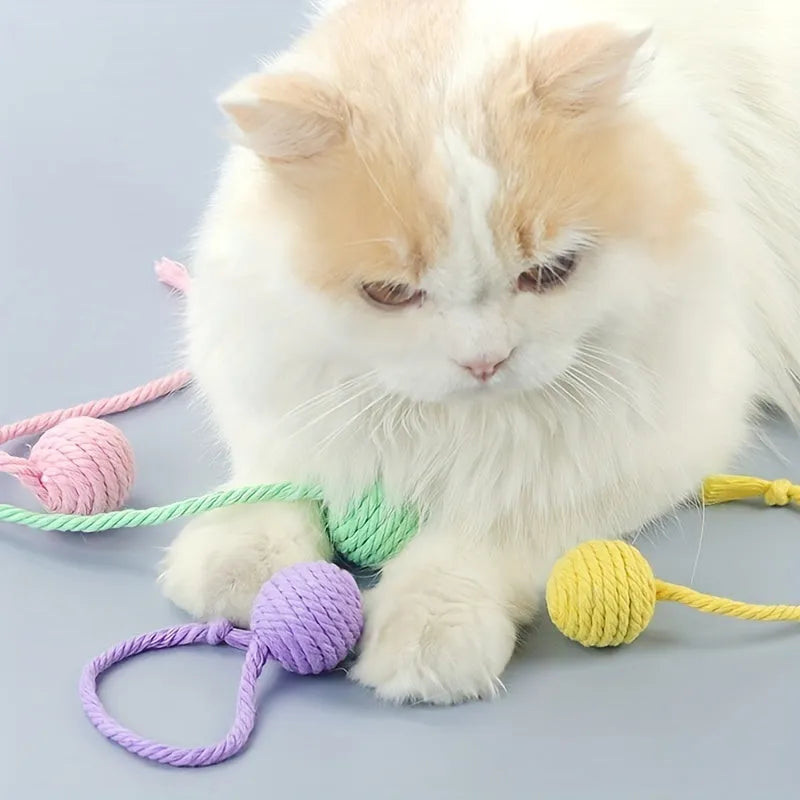 Colourful cat toy ball with rope and bell in green pink purple yellow options