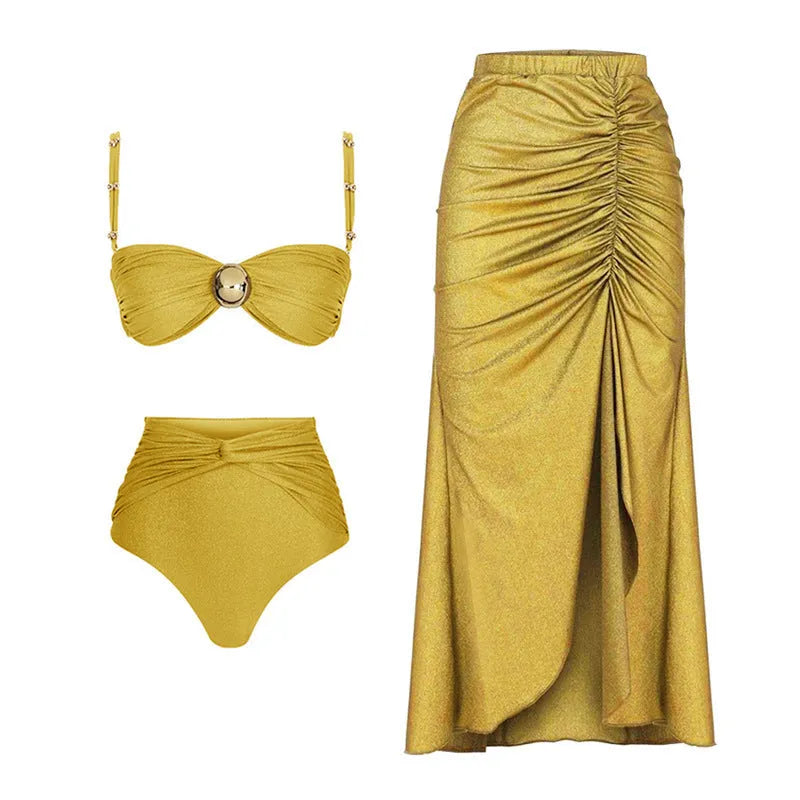 Women's high waist split bikini set in yellow or green nylon fabric for beach and swimming sports
