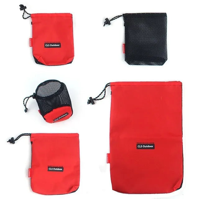 Red 5-piece outdoor travel storage bag set made of 200D Oxford cloth with mesh panels and zippers
