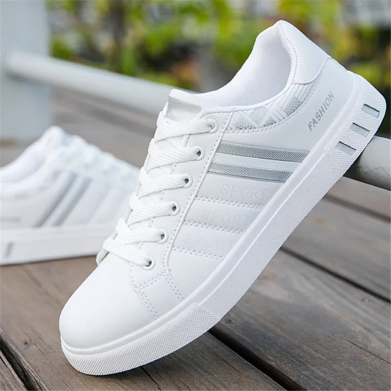 Black, grey, and white sports shoes showing size options from 39 to 44 with a foot length measurement guide.