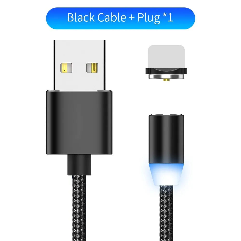 YBD black and red braided magnetic charging cable with Lightning, Micro USB, and Type-C connectors on a table.