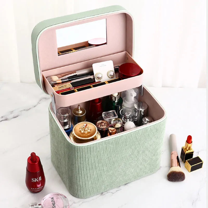 Large capacity cordurog cosmetic storage case in solid colour with polyester cotton lining