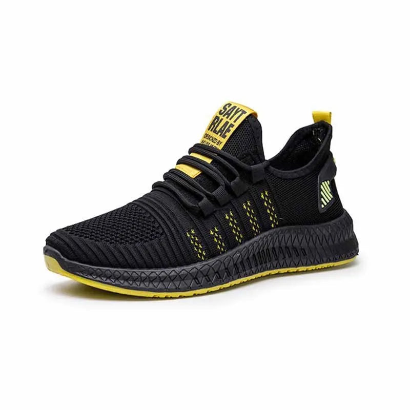 Men's low-top casual sports shoes with Flying Weave upper, cross straps on striped pattern, and flat sole.