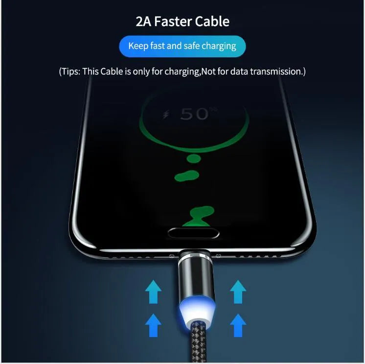 YBD black and red braided magnetic charging cable with Lightning, Micro USB, and Type-C connectors on a table.
