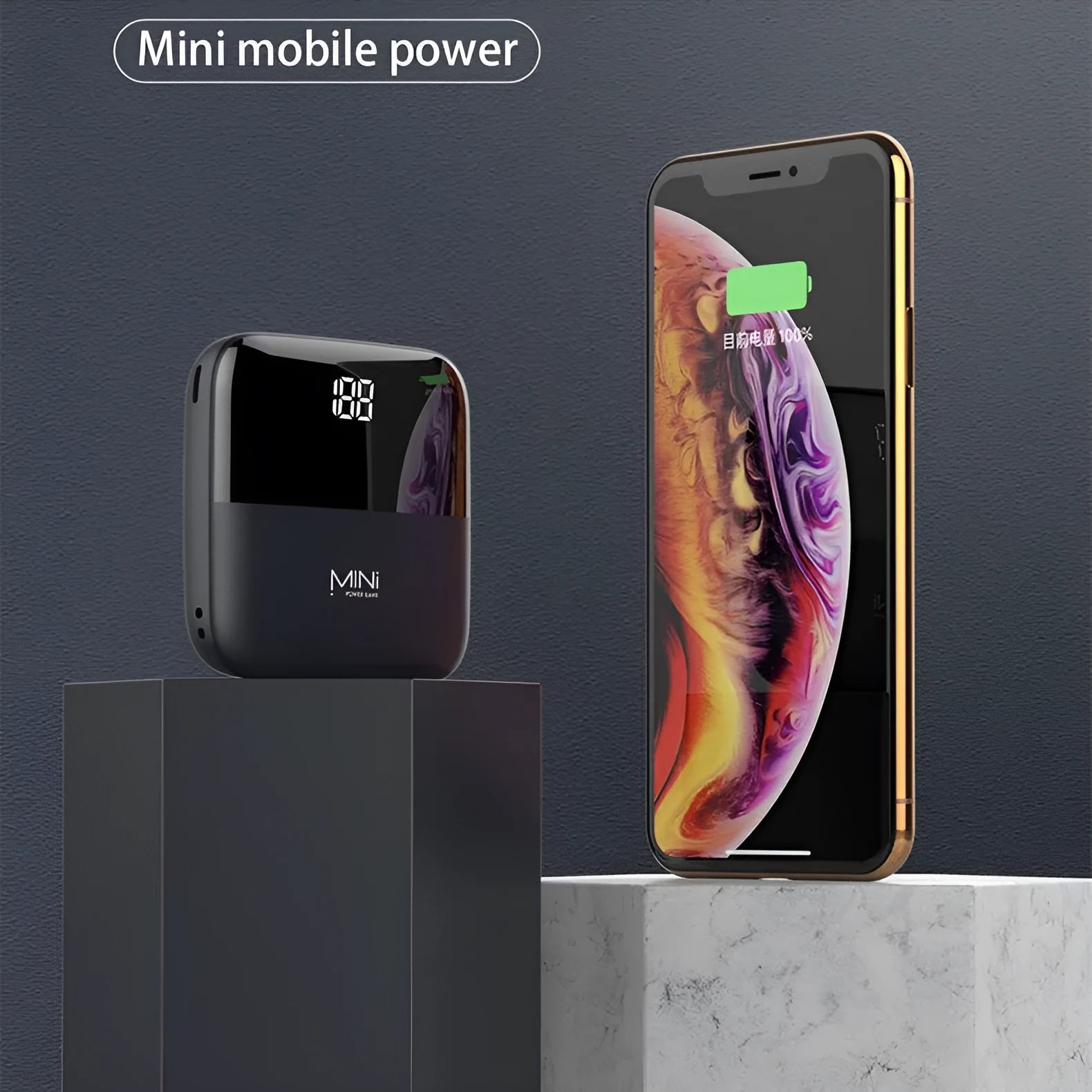 10000mAh portable power bank with digital display showing battery percentage and dual USB ports