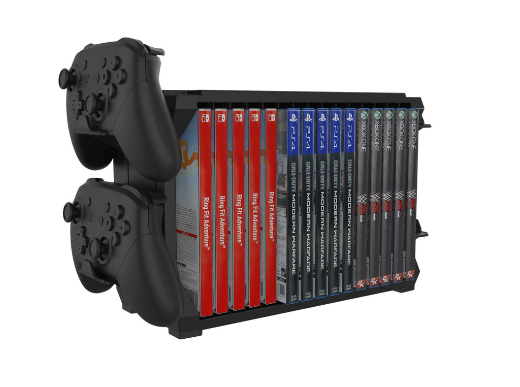 Black ABS plastic stand holding game discs and four controllers for PS5 and Xbox