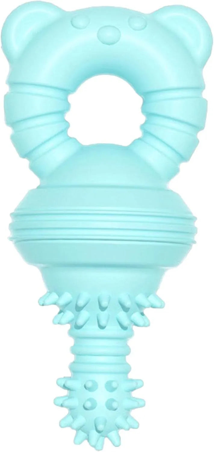 Blue rubber molar dog chew toy with textured surface and bell inside.