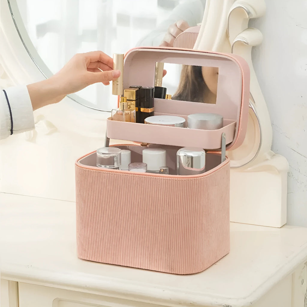 Large capacity cordurog cosmetic storage case in solid colour with polyester cotton lining