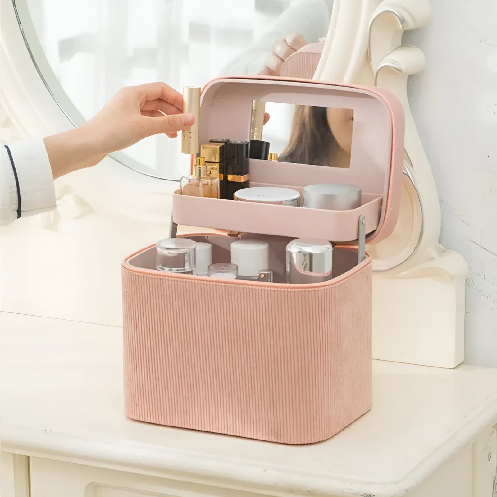 Large capacity cordurog cosmetic storage case in solid colour with polyester cotton lining