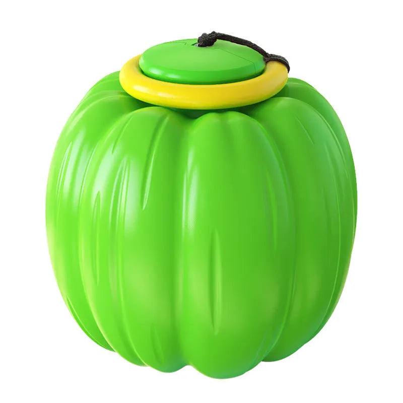 Plastic pumpkin-shaped dog ball with squeaker in green, orange and yellow for small dogs