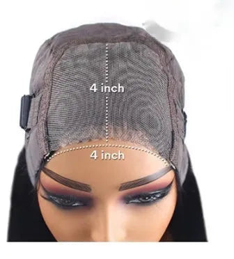Straight human hair glueless wig with side bangs shown in natural style
